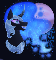 Size: 1280x1360 | Tagged: safe, artist:lavendernightfall, nightmare moon, alicorn, pony, g4, antagonist, blue eyes, blue mane, colored pupils, curved horn, digital art, ear fluff, ethereal mane, fangs, feather, female, flowing mane, helmet, horn, lidded eyes, long horn, looking at you, majestic, mare, moon, night, open mouth, open smile, peytral, signature, smiling, smiling at you, solo, sparkles, starry mane, teeth, villainess, watermark