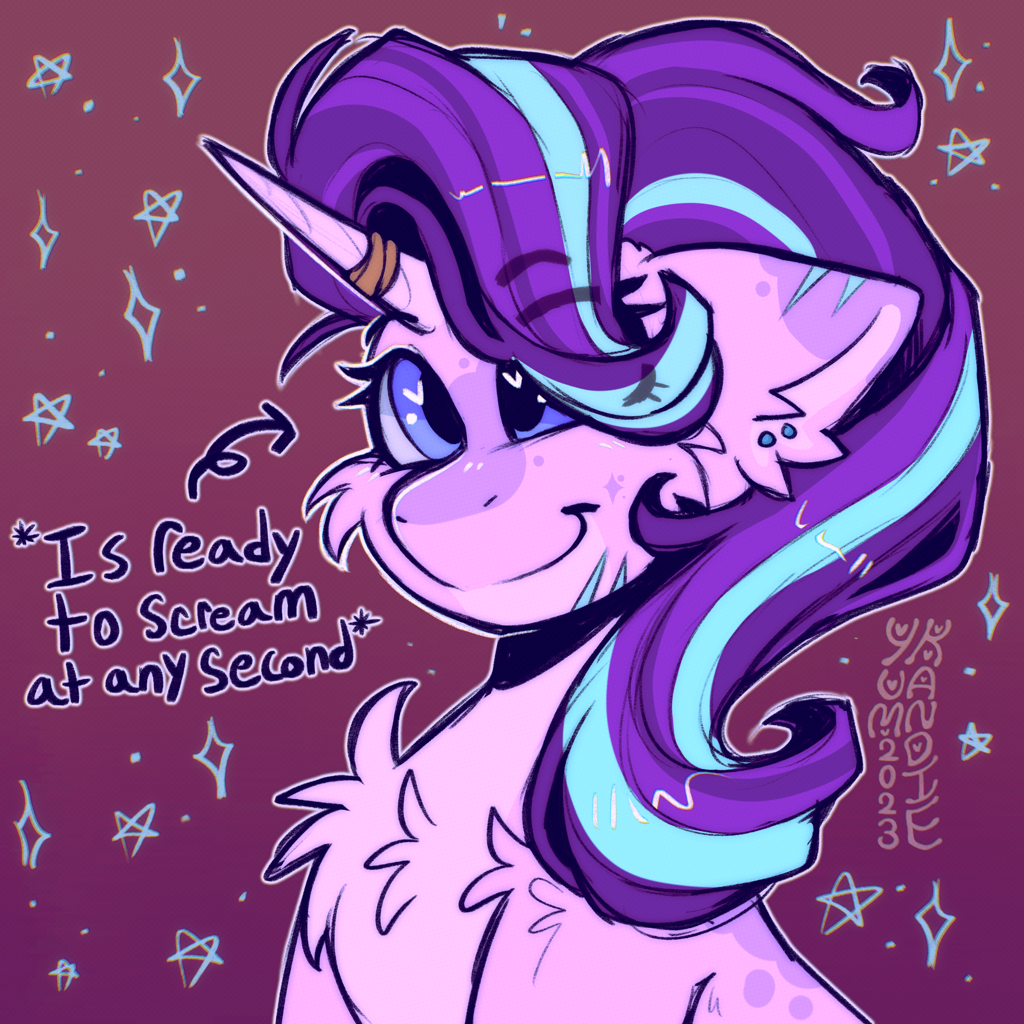 [bandage,chest fluff,female,g4,heart,heart eyes,horn,horn ring,mare,piercing,pony,ring,safe,scar,solo,sparkles,stars,text,unicorn,wingding eyes,ear fluff,ear piercing,pale belly,gradient background,starlight glimmer,smiling,cheek fluff,purple background,shoulder fluff,closed mouth,colored eartips,artist:yumkandie,magenta background]