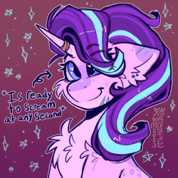 Size: 3500x3500 | Tagged: safe, artist:yumkandie, starlight glimmer, pony, unicorn, g4, bandage, cheek fluff, chest fluff, closed mouth, colored eartips, ear fluff, ear markings, ear piercing, facial markings, female, gradient background, heart, heart eyes, high res, horn, horn ring, magenta background, mare, pale belly, piercing, purple background, ring, scar, shoulder fluff, smiling, solo, sparkles, stars, text, wingding eyes