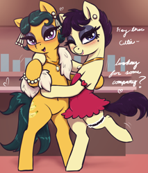 Size: 2550x3000 | Tagged: safe, artist:t72b, betty hoof, cleopatra jazz, earth pony, pony, g4, beauty mark, bedroom eyes, belly button, bipedal, blush lines, blushing, clothes, duo, ear piercing, earring, embrace, eyeshadow, feather boa, female, flapper, heart, high res, jewelry, looking at you, makeup, mare, necklace, one eye closed, pearl, piercing, sexy, short hair, skirt, sternocleidomastoid, talking to viewer, wink