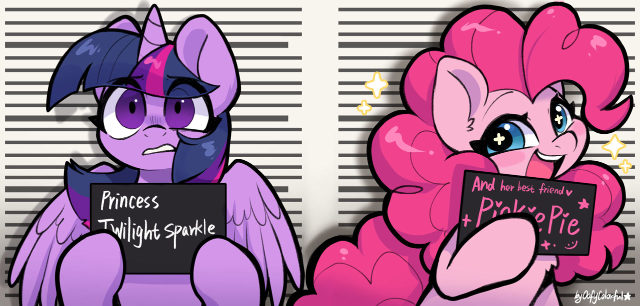 [alicorn,barbie,chest fluff,cute,duo,earth pony,eyebrows,female,frown,looking at you,mare,meme,mugshot,open mouth,parody,pinkie pie,pony,safe,sparkles,starry eyes,teeth,text,twilight sparkle,wingding eyes,wings,worried,gritted teeth,ear fluff,diapinkes,duo female,wide eyes,eye clipping through hair,smiling,spread wings,hoof hold,shrunken pupils,eyebrows visible through hair,twilight sparkle (alicorn),artist:oofycolorful,barbie mugshot meme,barbie (film)]