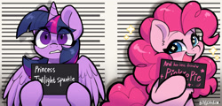 Size: 2156x1033 | Tagged: safe, artist:oofycolorful, pinkie pie, twilight sparkle, alicorn, earth pony, pony, g4, barbie, barbie (film), barbie mugshot meme, chest fluff, cute, diapinkes, duo, duo female, ear fluff, eye clipping through hair, eyebrows, eyebrows visible through hair, female, frown, gritted teeth, hoof hold, horn, looking at you, mare, meme, mugshot, open mouth, open smile, parody, shrunken pupils, smiling, smiling at you, sparkles, spread wings, starry eyes, teeth, text, twilight sparkle (alicorn), wide eyes, wingding eyes, wings, worried