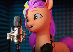 Size: 1502x1080 | Tagged: safe, artist:makaryo, sunny starscout, earth pony, pony, g5, 3d, female, headphones, headphones around neck, irl, mane stripe sunny, mare, microphone, open mouth, open smile, photo, ponies in real life, remake, smiling, solo