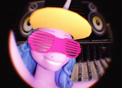 Size: 1502x1080 | Tagged: safe, artist:makaryo, izzy moonbow, pony, unicorn, g5, 3d, bust, close-up, female, grin, irl, looking at you, mare, photo, ponies in real life, remake, shutter shades, smiling, smiling at you, solo, sunglasses