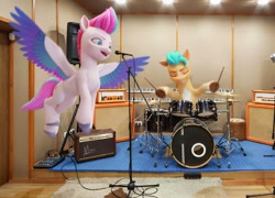 Size: 1502x1080 | Tagged: safe, artist:makaryo, hitch trailblazer, zipp storm, earth pony, pegasus, pony, g5, 3d, amplifier, drum kit, drums, drumsticks, duo, eyes closed, female, hoof hold, irl, magnetic hooves, male, mare, microphone, musical instrument, photo, ponies in real life, remake, spread wings, stallion, wings