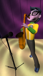 Size: 1080x1920 | Tagged: safe, artist:oatmeal!, micro chips, human, equestria girls, g4, 3d, blowing, canterlot high, eyebrows, eyes closed, glasses, gmod, microphone, music, musical instrument, performance, puffy cheeks, raised eyebrow, saxophone, solo, spotlight, stage, standing