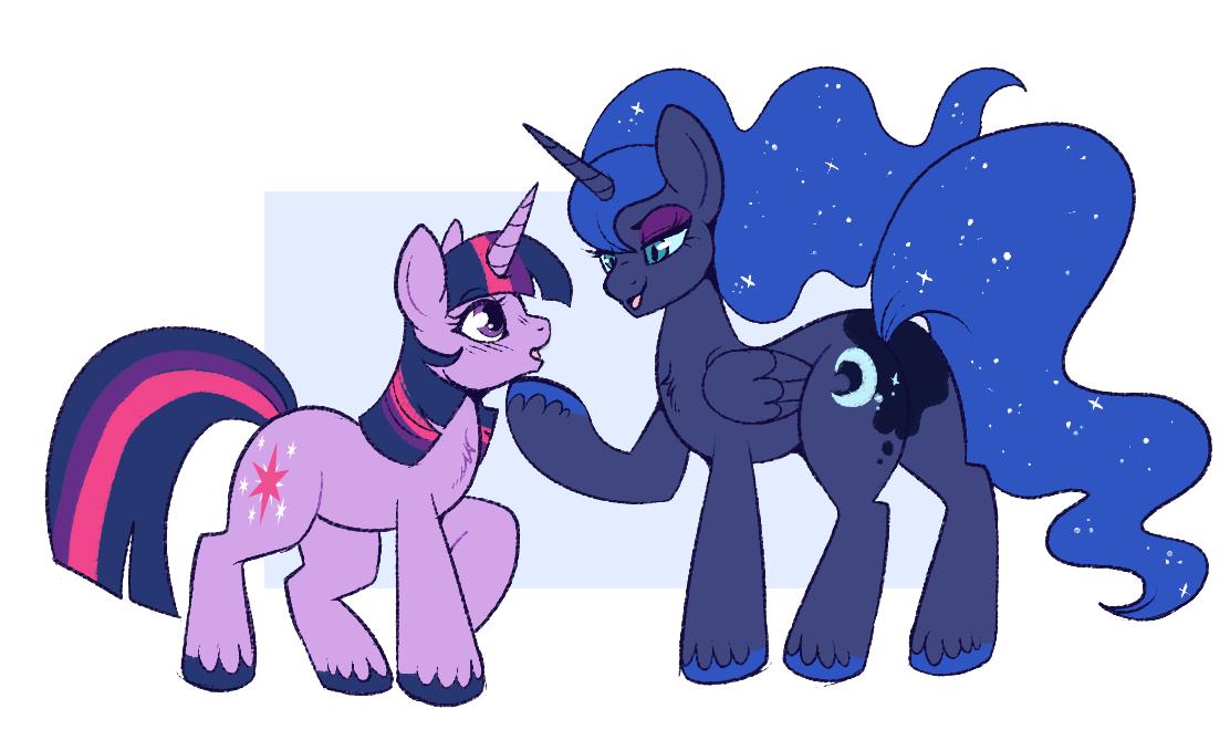 [alicorn,artist:lulubell,butt,chest fluff,duo,eyeshadow,female,lesbian,makeup,mare,missing accessory,open mouth,plot,princess luna,raised hoof,safe,shipping,simple background,surprised,tail,twilight sparkle,unicorn,unshorn fetlocks,white background,wings,nightmare luna,ethereal mane,starry mane,lidded eyes,colored hooves,sparkly mane,smiling,folded wings,ethereal hair,unicorn twilight,hoof on chin,ethereal tail,light blue background,starry tail,sparkly tail,passepartout,ship:twiluna]