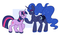 Size: 1112x669 | Tagged: safe, artist:lulubell, princess luna, twilight sparkle, alicorn, pony, unicorn, g4, butt, chest fluff, colored hooves, duo, ethereal hair, ethereal mane, ethereal tail, eyeshadow, female, folded wings, hoof on chin, lesbian, lidded eyes, light blue background, makeup, mare, missing accessory, nightmare luna, open mouth, passepartout, plot, raised hoof, ship:twiluna, shipping, simple background, smiling, sparkly mane, sparkly tail, starry mane, starry tail, surprised, tail, unicorn twilight, unshorn fetlocks, white background, wings