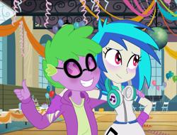 Size: 1442x1097 | Tagged: safe, artist:spike17, dj pon-3, spike, vinyl scratch, human, equestria girls, g4, blushing, canterlot high, duo, female, glasses, human spike, humanized, male, shipping, side hug, straight, thumbs up, vinylspike