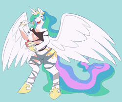 Size: 1000x832 | Tagged: safe, artist:sepisnake, princess celestia, alicorn, human, pony, anthro, g4, bald patches, bipedal, cake, clothes, ethereal mane, food, fork, green background, holding, hoof shoes, human to pony, large wings, mid-transformation, open mouth, open smile, princess shoes, ripped, ripped shirt, ripping clothes, shirt, simple background, smiling, solo, spread wings, that pony sure does love cakes, transformation, wings