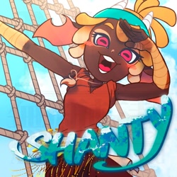 Size: 1000x1000 | Tagged: safe, artist:fine_hamachi, shanty (tfh), anthro, them's fightin' herds, bandana, blush sticker, blushing, community related, female, looking at you, open mouth, open smile, pirate, smiling, solo, text