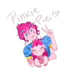 Size: 2000x2000 | Tagged: safe, artist:pascal571, pinkie pie, earth pony, human, pony, g4, blushing, cute, diapinkes, duo, eyes closed, female, grin, heart, high res, human ponidox, humanized, looking at you, mare, name, peace sign, self paradox, self ponidox, simple background, smiling, smiling at you, white background