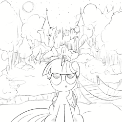 Size: 3000x3000 | Tagged: safe, artist:widelake, twilight sparkle, alicorn, pony, g4, bridge, bush, castle of the royal pony sisters, everfree forest, female, forest, high res, looking up, moon, nature, night, sitting, sketch, solo, stars, tree, twilight sparkle (alicorn)