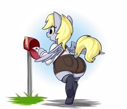 Size: 3737x3213 | Tagged: safe, artist:andelai, derpy hooves, pegasus, semi-anthro, g4, arm hooves, bubble butt, butt, clothes, dock, female, high res, letter, love letter, mailbox, mailmare, mare, plot, plump, poster, simple background, socks, solo, tail, tail hole, thigh highs, white background
