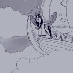 Size: 1000x1000 | Tagged: safe, artist:shouldbedrawing, oc, oc only, pegasus, pony, boat, cloud, grayscale, monochrome, spread wings, wings