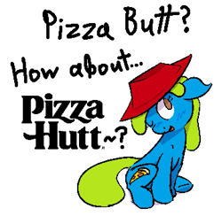 Size: 719x702 | Tagged: safe, artist:skookz, oc, oc only, oc:pizza butt, earth pony, pony, blushing, female, hat, mare, one eye closed, pizza hut, simple background, sitting, solo, text, white background, wink