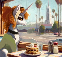 Size: 2000x1832 | Tagged: safe, artist:yidwags, oc, oc:dyx, alicorn, pony, california, cigarette, diner, female, food, mare, older, older dyx, painterly, painting, palm tree, pancakes, sitting, solo, tree