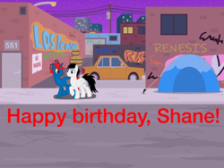 Size: 2048x1536 | Tagged: safe, artist:ry-bluepony1, oc, oc only, oc:shane park, oc:train track, pegasus, pony, unicorn, g4, barrel, birthday, car, city, graffiti, male, night, power line, stallion, street, tent, walking