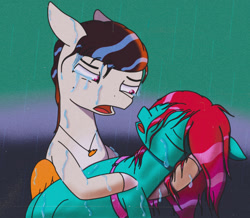 Size: 1177x1024 | Tagged: safe, artist:php176, derpibooru exclusive, jazz hooves, rocky riff, earth pony, pegasus, pony, g5, crying, duo, duo male and female, ears back, eyes closed, female, holding a pony, looking at someone, male, mud, muddy, open mouth, sad, unconscious, wet, wet mane, worried