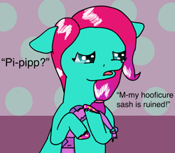 Size: 1171x1024 | Tagged: safe, artist:php176, derpibooru exclusive, jazz hooves, earth pony, pony, g5, crying, dialogue, female, hoof polish, implied pipp petals, jazz hooves has ears!, mare, sad, solo, text
