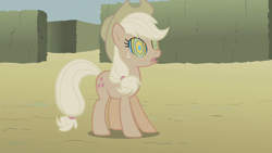 Size: 1280x720 | Tagged: safe, screencap, applejack, earth pony, pony, g4, the return of harmony, canterlot hedge maze, discorded, female, freckles, hedge maze, hypno eyes, hypnojack, hypnosis, hypnotized, kaa eyes, mare, maze, open mouth, solo