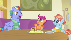 Size: 1280x720 | Tagged: safe, screencap, bow hothoof, scootaloo, windy whistles, pegasus, pony, g4, parental glideance, female, filly, foal, freckles, hoof on cheek, male, mare, pasta and potato sandwich on sourdough, scrapbook, smiling, stallion, table, trio