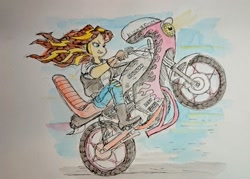 Size: 2048x1463 | Tagged: safe, artist:daisymane, sunset shimmer, human, equestria girls, g4, female, grin, motorcycle, smiling, solo, traditional art, wheelie, windswept hair