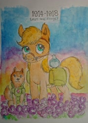 Size: 1552x2172 | Tagged: safe, artist:daisymane, applejack, bird, dog, earth pony, pony, g4, bag, bridle, female, flower, mare, saddle bag, solo, tack, traditional art, veterans day, watercolor painting, world war i
