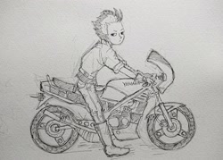 Size: 2048x1463 | Tagged: safe, artist:daisymane, spitfire, human, equestria girls, g4, female, grayscale, lidded eyes, looking at you, monochrome, motorcycle, pencil drawing, solo, traditional art