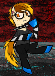 Size: 351x486 | Tagged: safe, artist:xxv4mp_g4z3rxx, oc, oc:sand dollar, earth pony, pony, clothes, collar, ear piercing, eyeliner, fangs, long sleeved shirt, long sleeves, makeup, orange eyes, pants, piercing, shirt, signature, sitting, solo, spiked collar
