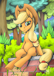 Size: 2171x3070 | Tagged: safe, artist:mysticalpha, applejack, earth pony, pony, g4, female, fence, forest, high res, lidded eyes, mare, nature, signature, sitting, solo, tree, wall
