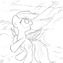 Size: 3000x3000 | Tagged: safe, artist:widelake, rainbow dash, pegasus, pony, g4, cloud, female, floating, flying, high res, sketch, sky, solo