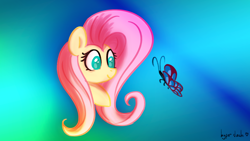 Size: 3840x2160 | Tagged: safe, artist:hyper dash, fluttershy, butterfly, pony, g4, bust, female, gradient background, high res, looking at something, mare, portrait, smiling, solo