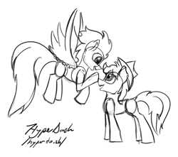 Size: 4000x3530 | Tagged: safe, artist:hyper dash, braeburn, soarin', earth pony, pegasus, pony, g4, boop, commission, flying, gay, high res, male, open mouth, ship:soarburn, shipping, sketch, smiling, stallion