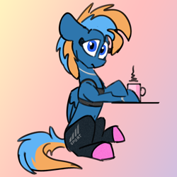 Size: 2160x2160 | Tagged: safe, artist:hyper dash, oc, oc only, oc:hyper dash, pegasus, pony, clothes, crossed hooves, frown, gradient background, high res, leggings, looking at you, mug, sitting, solo, table, tank top