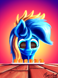 Size: 3000x4000 | Tagged: safe, artist:hyper dash, oc, oc only, oc:hyper dash, pony, bust, cute, dilated pupils, eye reflection, food, high res, looking at something, portrait, reflection, solo, sushi, table