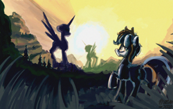 Size: 6769x4262 | Tagged: safe, artist:hyper dash, oc, oc:hyper dash, alicorn, pegasus, pony, absurd file size, absurd resolution, butt, looking at something, plot, raised hoof, scenery, size difference, solo, statue, sun, sunrise