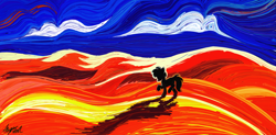 Size: 7813x3840 | Tagged: safe, artist:hyper dash, pony, absurd file size, absurd resolution, cloud, desert, impressionism, modern art, scenery, silhouette, sky, solo, walking