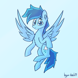 Size: 1736x1736 | Tagged: safe, artist:hyper dash, oc, oc only, oc:happy dream, pegasus, pony, blue background, cyan background, flying, looking at you, male, simple background, solo, stallion