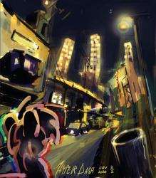 Size: 4500x5130 | Tagged: safe, artist:hyper dash, oc, oc only, oc:hyper dash, pegasus, pony, 7-eleven, absurd file size, absurd resolution, city, cityscape, night, scenery, solo, street, streetlight, taxi, trash can