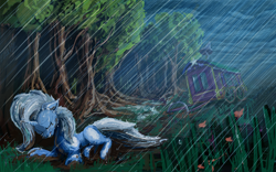 Size: 8000x5000 | Tagged: safe, artist:hyper dash, trixie, pony, unicorn, g4, absurd file size, absurd resolution, cloud, cloudy, crying, female, gritted teeth, lying down, mare, mud, muddy, prone, rain, sad, scenery, solo, teeth, the sad and depressive trixie, tree, trixie's wagon, wagon