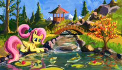 Size: 5526x3159 | Tagged: safe, artist:hyper dash, fluttershy, fish, koi, pegasus, pony, g4, absurd file size, absurd resolution, alternate hairstyle, bridge, female, gazebo, hairclip, lilypad, lying down, mare, older, older fluttershy, park, prone, reflection, river, scenery, solo, tree, water