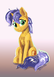 Size: 3000x4259 | Tagged: safe, artist:hyper dash, oc, oc only, pony, unicorn, chest fluff, cute, gradient background, green eyes, high res, navy hair, navy mane, navy tail, ocbetes, sitting, solo, three quarter view, yellow coat, yellow fur