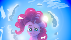 Size: 2263x1284 | Tagged: safe, artist:hyper dash, pinkie pie, earth pony, pony, g4, cloud, eyebrows, female, floppy ears, looking at you, mare, offscreen character, pov, raised eyebrow, sky, smiling, smirk, solo, sun, wavy mouth