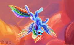 Size: 1920x1161 | Tagged: safe, artist:hyper dash, rainbow dash, pegasus, pony, g4, female, flying, mare, open mouth, signature, sky, smiling, solo, sunset, teeth, upside down