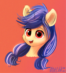 Size: 2515x2796 | Tagged: safe, artist:hyper dash, oc, oc only, oc:cinnamon quill, pony, bust, cream coat, cream fur, cute, high res, looking at you, navy hair, navy mane, ocbetes, open mouth, open smile, pigtails, ponytails, portrait, red eyes, smiling, solo, teeth, twintails