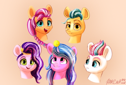 Size: 5417x3665 | Tagged: safe, artist:hyper dash, hitch trailblazer, izzy moonbow, pipp petals, sunny starscout, zipp storm, earth pony, pegasus, pony, unicorn, g5, absurd file size, absurd resolution, ball, beige background, bust, female, horn, horn impalement, izzy's tennis ball, looking at you, male, mane five, mare, open mouth, portrait, simple background, smiling, solo, stallion, teeth, tennis ball