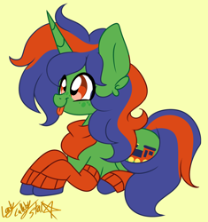 Size: 1734x1846 | Tagged: safe, artist:ladylullabystar, oc, oc only, oc:ryebuck-junction, pony, unicorn, :p, big ears, clothes, colored hooves, ear fluff, freckles, green coat, green fur, happy, horn, long horn, long mane, long mane male, lying down, male, messy mane, mlem, neckerchief, orange eyes, orange mane, prone, purple mane, raffle prize, raffle winner, silly, silly face, silly pony, simple background, socks, solo, stallion, tongue out, two toned mane, unshorn fetlocks, yellow background