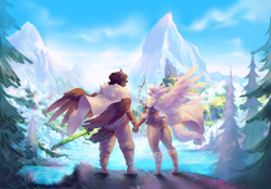 Size: 6539x4560 | Tagged: safe, artist:yelloastra, oc, oc:ophelia, hippogriff, pegasus, anthro, arrow, bow (weapon), bow and arrow, forest, holding hands, mountain, nature, scenery, sword, tree, valheim, weapon