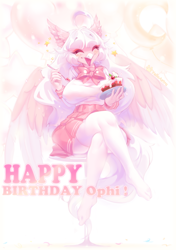 Size: 2460x3500 | Tagged: artist needed, safe, oc, oc only, oc:ophelia, hippogriff, anthro, birthday, cake, clothes, cute, food, high res, pastel, school uniform, solo